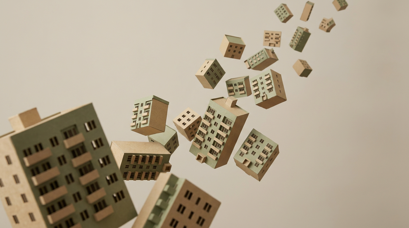 Photographie générée de petites maquettes d'immeubles en carton qui flottent