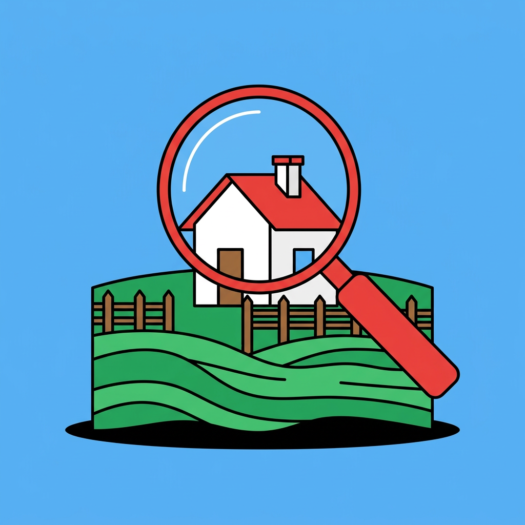 Une maison sous une loupe rouge, posée sur des collines vertes